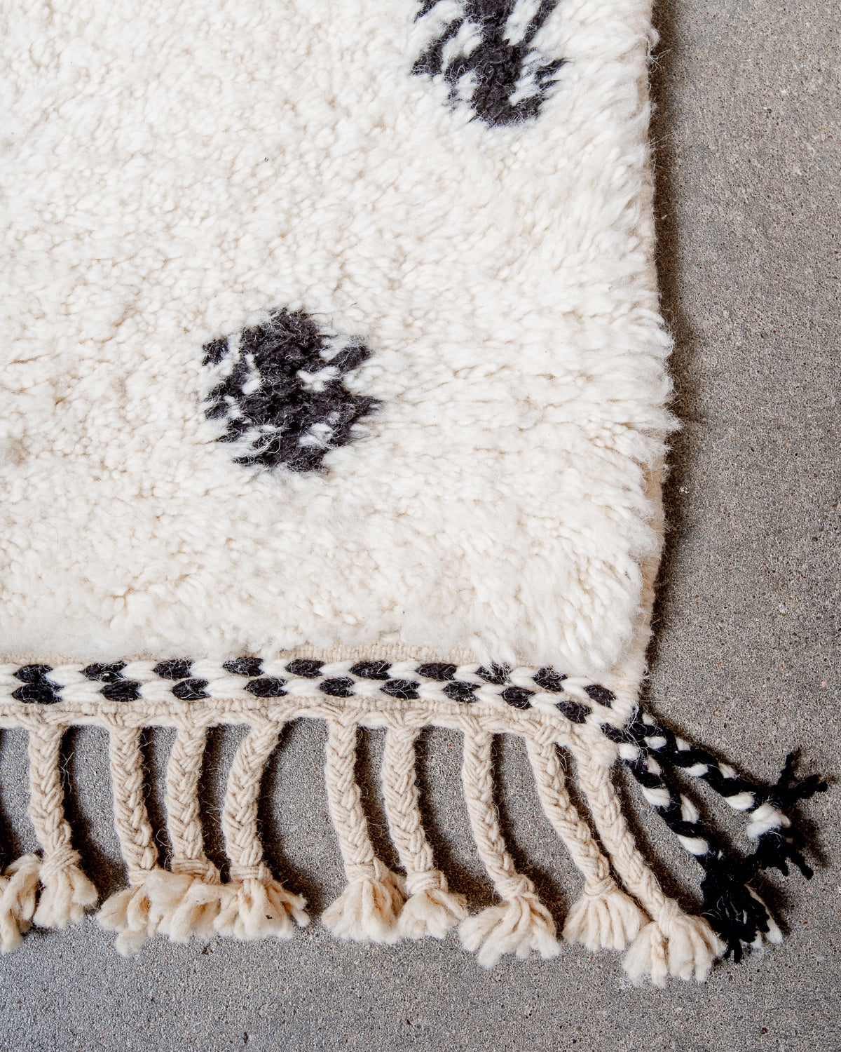 Modern, designer, handcrafted Berber rug from Morocco. Beniourain carpet with beautiful colours and patterns and fluffy wool texture.